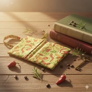 Handmade Chili Pepper Print Cotton Book Sleeve Organizer with Handle & Tie Green